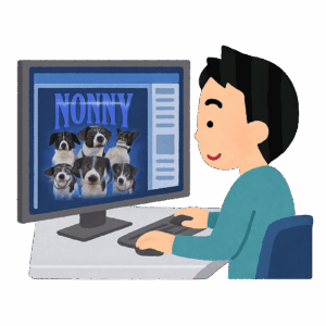 an anime/cartoon style illustration: a man sitting in front of a computer, working with a keyboard and mouse. On the screen is a design software like the one I attached.