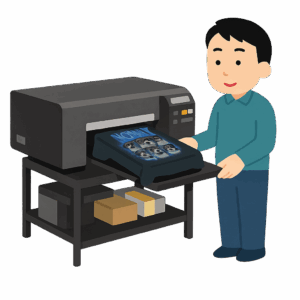 anime/cartoon style illustration of a person printing a shirt next to an industrial printer (DTG/DTF shirt printer)