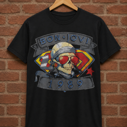 Bon Jovi 1989 Skull Graphic T-Shirt, Vintage Style Rock Band Shirt, Retro Music Fan Tee, Unisex Concert Inspired Shirt