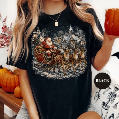 Vintage Santa Sleigh Christmas T-Shirt, Reindeer Tee