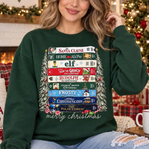 Christmas Movie Sweatshirt, Home Alone Elf Grinch Santa Clause Polar Express Shirt, Classic Holiday Movies VHS Christmas Gift