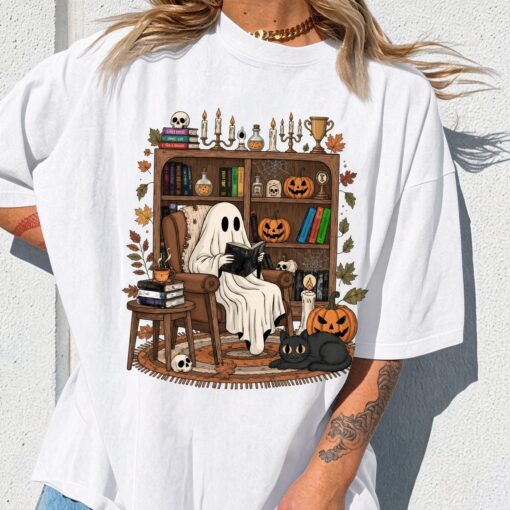 Retro Cozy Ghost Reading Halloween shirt