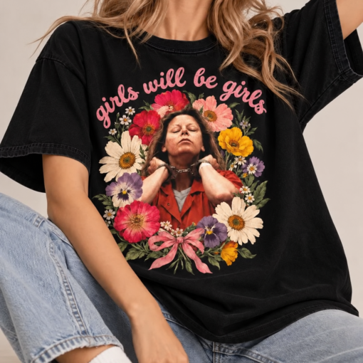 Girls Will Be Girls Graphic T Shirt, Floral True Crime Tee, Vintage Inspired Black Shirt, Feminist Statement Tee, Retro Women Graphic Shirt