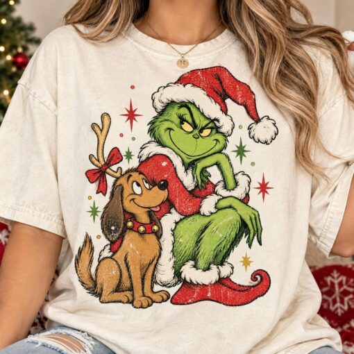 Vintage Grinch Christmas Shirt with Max, Santa Grinch Holiday Tee, Retro Christmas T Shirt
